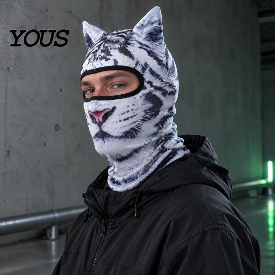 Celotvářová maska 3D zvířecí uši Kukla, Kočka Pes Sněžný lev pro Cosplay Halloween, Kryt Venkovní Cyklistika Lyžování Potisk