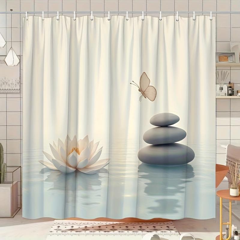 

Tranquil Lake Shower Curtain 180X180Cm – Lotus & Stone Garden Design, Nature-Inspired Bathroom Decor, 12 Hooks W60H190(CM)-1 Pcs