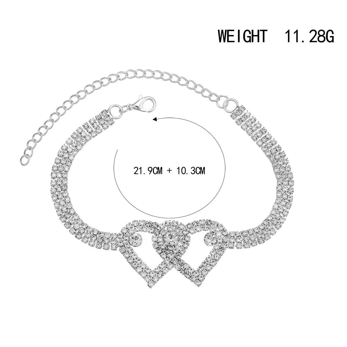 Rhinestone Bracelet Double Heart Design Adjustable Length Lobster Clasp Chain Jewelry for Women and Girls One size