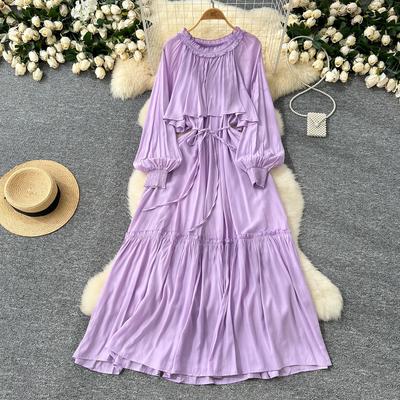 Elegant Asymmetrical Ruffle Vintage O-neck Chic Long Sleeve Spliced Lace-up Dresses French Evening High Street Autumn Clothing