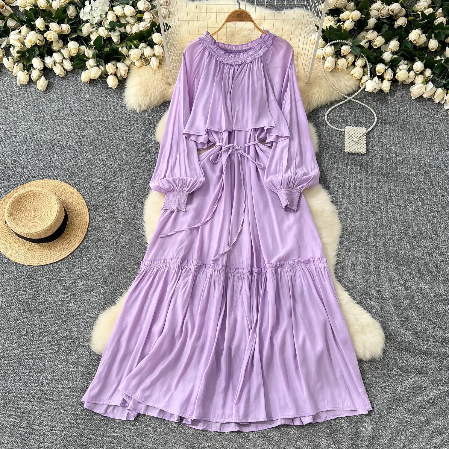 

Элегантные асимметричные платья с оборками в винтажном стиле, с круглым вырезом, шикарные, с длинным рукавом, с кружевной шнуровкой, французские вечерние, для улицы, осенняя одежда One Size фиолетовый