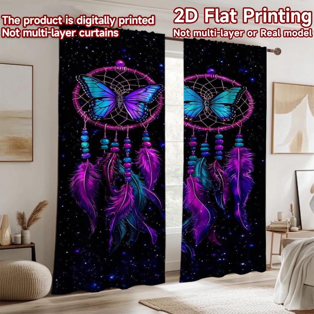 2D flat printing 2pcs Curtain Window Drapes Galaxy Butterfly Dreamcatcher Digital Printed Polyester Drapes Seasonal Party &