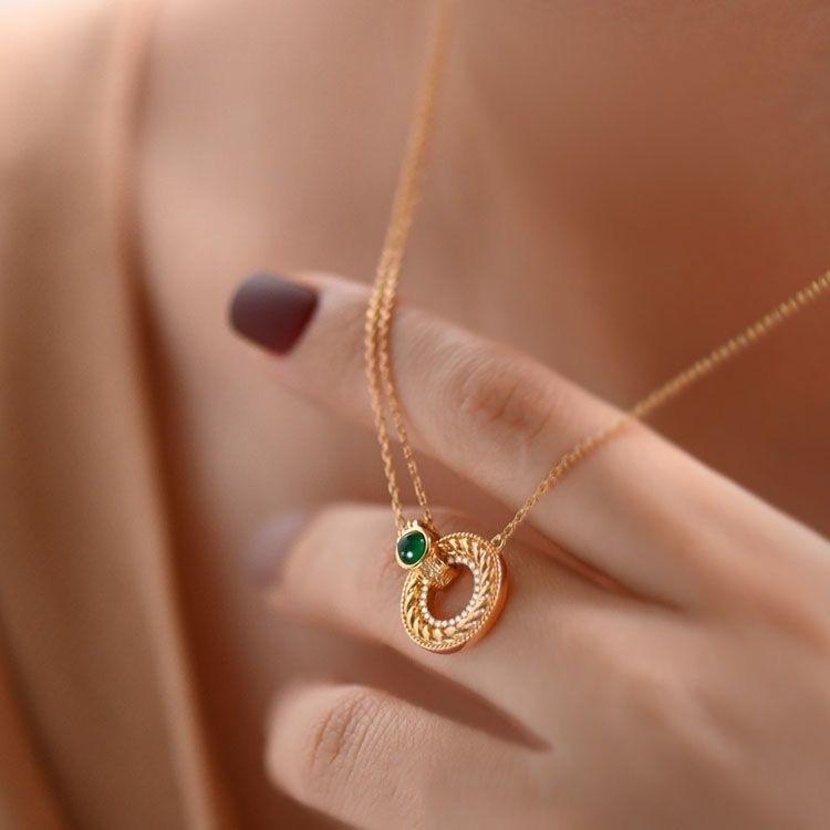 "Matcha Donut" Gold-Plated With Green Agate Retro Necklace Twist French Style Pendant Starry Sky Compass
