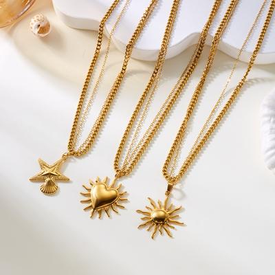 European and American Fashion Beach Gold Cuban Chain Sun Love Ocean Starfish Shell Double Layer Stainless Steel Necklace