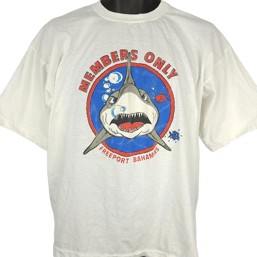 Vintage Shark Attack 100% Cotton T-shirt Mens Tees Top Mens Size Large 80s Members Only Freeport Bahamas M