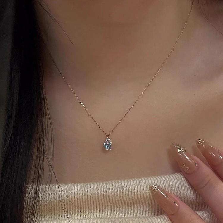 Blue Ocean Heart Aquamarine Rhinestone Pendant Necklace