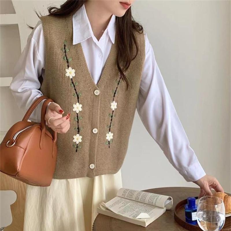 

Весна Осень V-образный вырез Вышитый Вязаный Жилет Безрукавка Женский Свитер Жилет 2XL