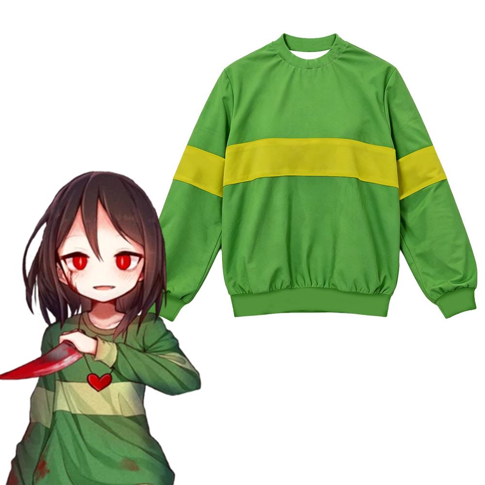 Undertale Chara 3D Vollprint Rundhals-Sweatshirt Grün Gelb Gestreift Langarm Pullover Anime Spiel Cosplay Unisex Lässiges Oberteil