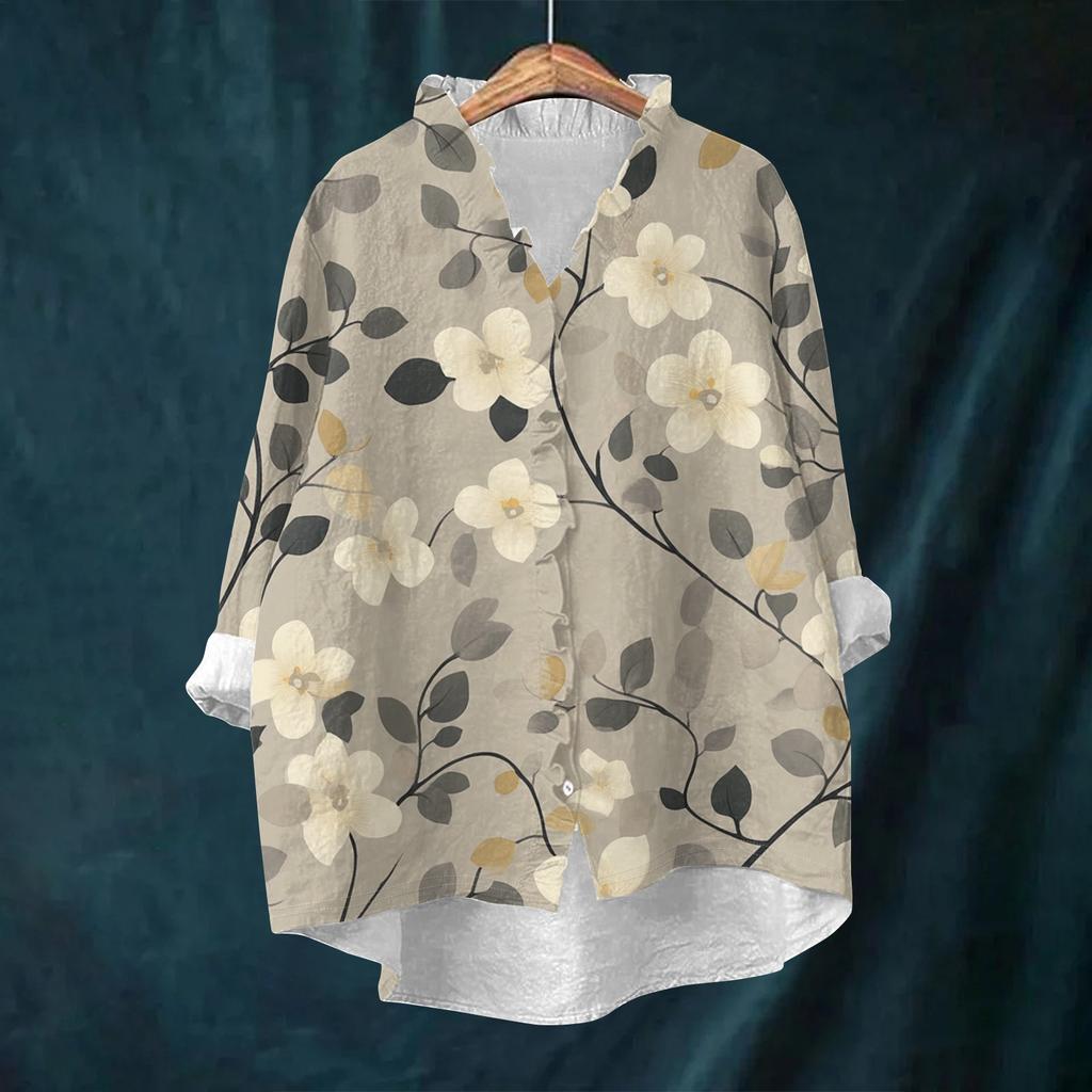 Women's Loose Ruffled Retro Floral Print Stand Collar Long Sleeve Cotton And Linen Top