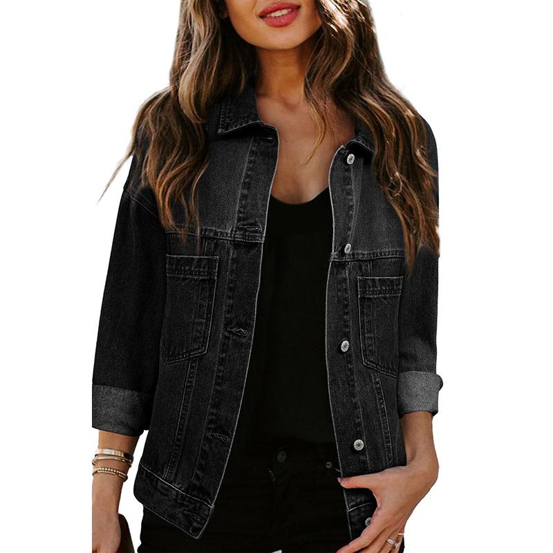 

Hot autumn new solid color jacket women s casual style multi-pocket denim jacket women S