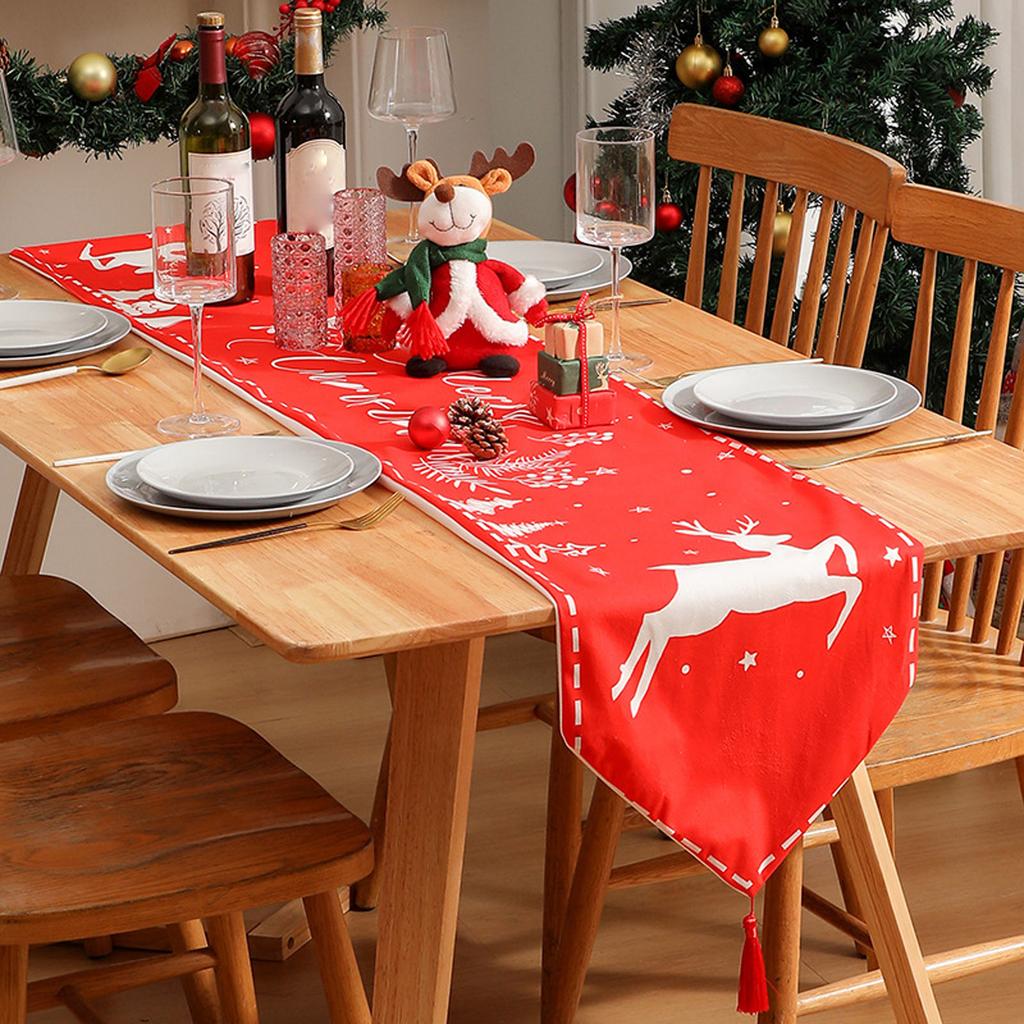 Super Soft Digital Printed Tassel Table Runner Christmas Style Festive Atmosphere Christmas Printed Table Runner