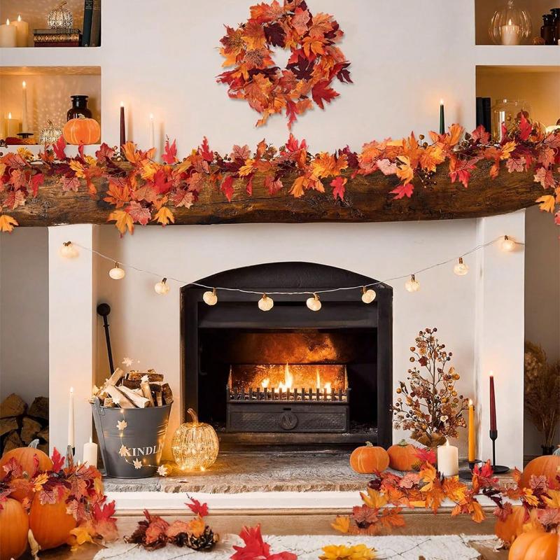 100cm-Artificial Maples Leaf Garland Autumn Maple Leaves Vines Garland For Thanksgiving Halloween Home Porch Mantle Fireplace Farmhouse