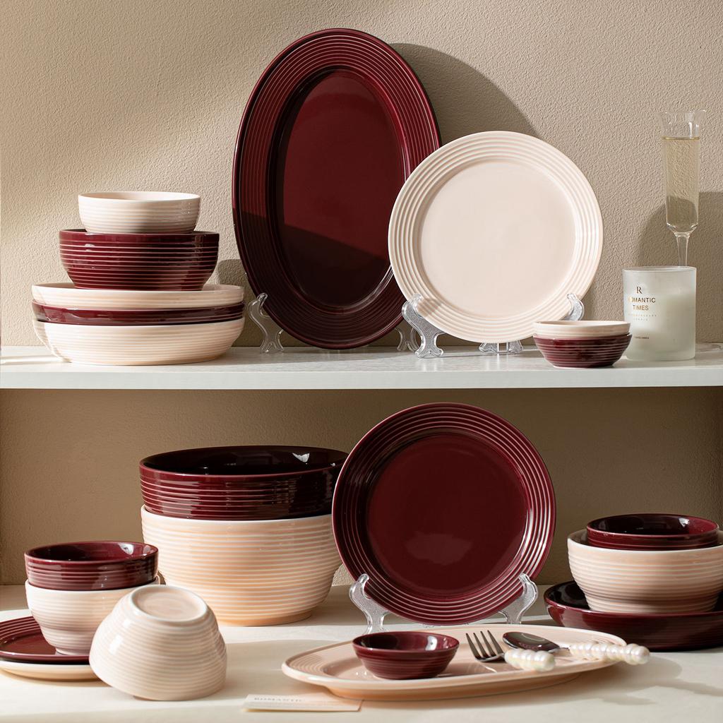 Simple Threaded Tableware Set, Bowls And Plates, Soup Bowls And Plates, Ceramic Creative Household Housewarming Bowls, Tableware And Chopsticks
