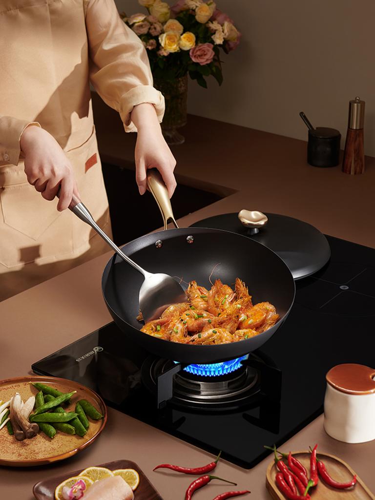 LANMI Zizi Titanium Wokas Wok Pan Titanium-Iron 0 Coating Non-Stick Rust-Resistant Rustproof Lightweight Stable Healthy