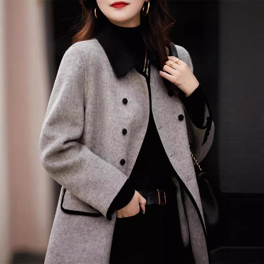 Women Fall Winter Wool Jacket Vintage Long Outwear Korean Horn Button Elegant Mujer Thick Windbreaker