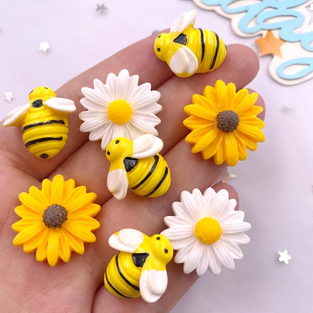 10PCS Resin Cute Colorful 3D Cartoon Bee Flower Figurines Flat Back Rhinestone Garden Scrapbook DIY Bow Decor  Accessories