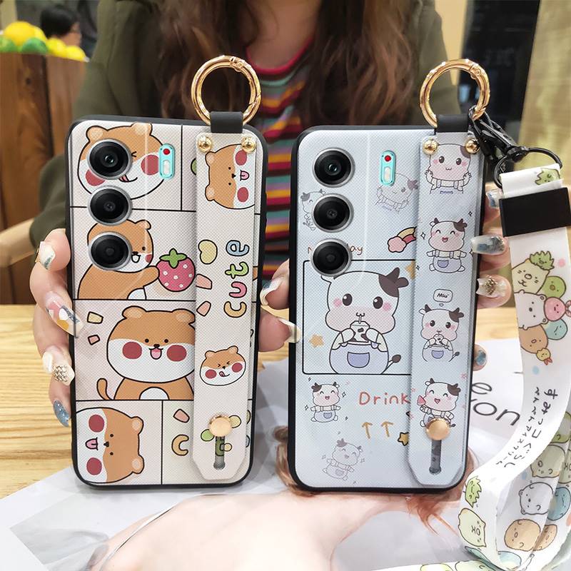Ring Shockproof Phone Case For Tecno Camon40 4G/CM5 Silicone Back Cover Wrist Strap Lanyard Cartoon Anti-dust Kickstand