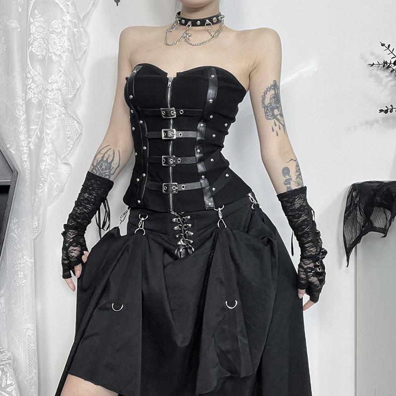 GlowGirl Goth Σκοτεινό Punk Grunge Δερμάτινα Κορσέ Κορμάκια Χωρίς Τιράντες Με Πόρπη Εμπορικό Κέντρο Γοτθικό Φερμουάρ Γυναικεία Σωληνωτά Μπλουζάκια Y2K Coquette Streetwear Εναλλακτικά Μπουστάκια Γιλέκα