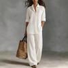 Fashion Linen Shirt Long Sleeved Women's Set Spring Autumn Loose Wide Leg Trousers Female Office Set