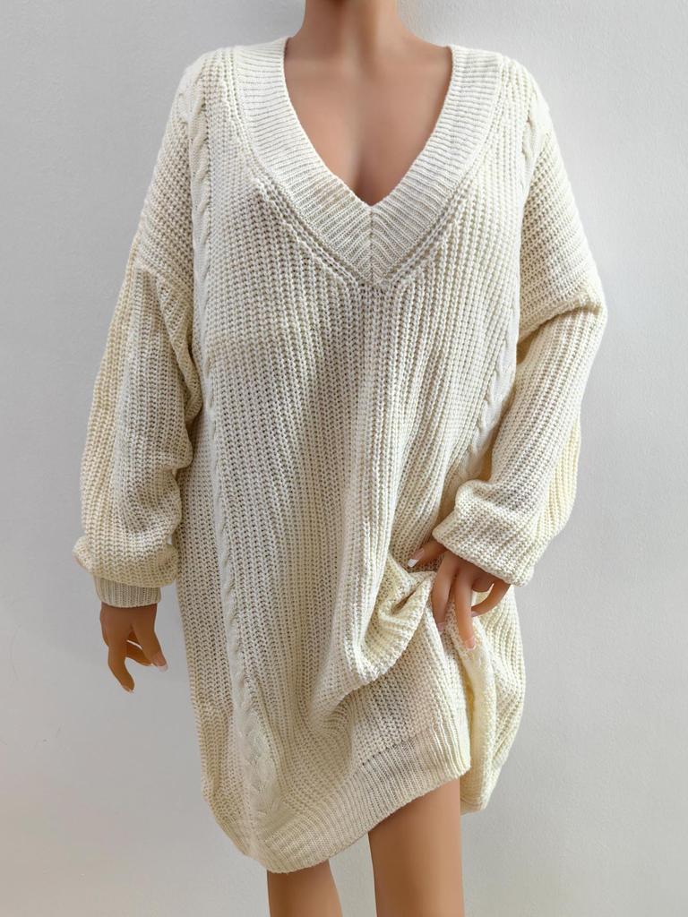 Europeisk og amerikansk dame plussstørrelse dyp V-hals ensfarget strikket ullkjole