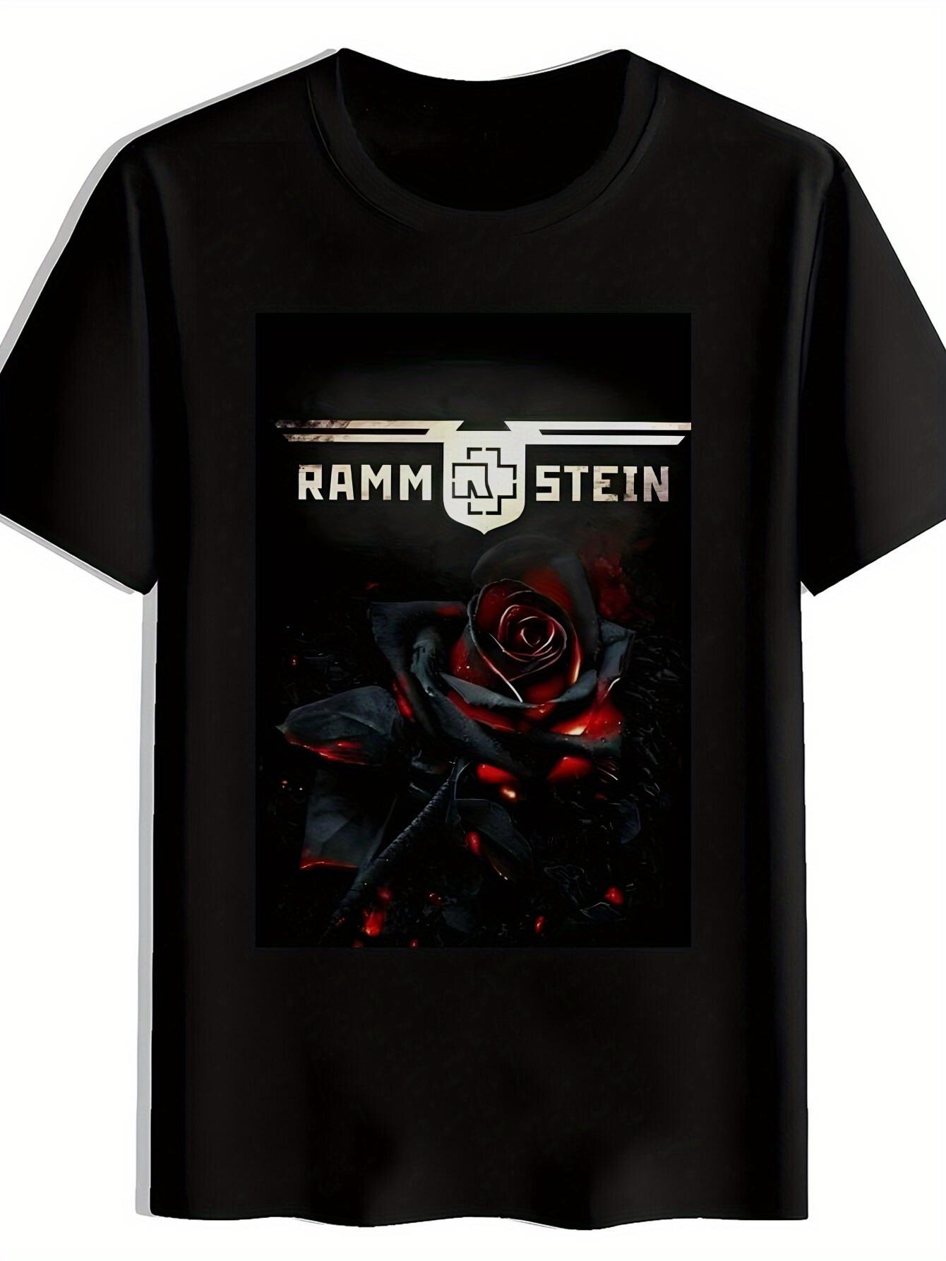 Rammstein Graphic T-shirt - Black Casual Short Sleeve Tee with Red Rose & Metallic Logo XXL