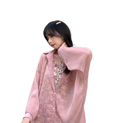 FLYUTH Sheer Long Loose Women's Shirt, Sleeve, See-Through, Elegant, Office-Ready, Casual, Fit, Spring/Summer (Size M, Pink)
