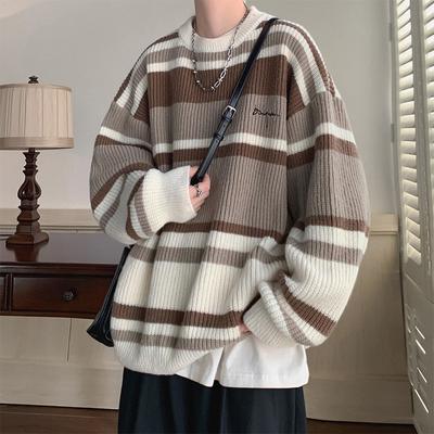 Sweater Men's Japanese Vintage Striped Contrast Color Base Sweater Line Autumn Winter Thick Loose Knit Coat