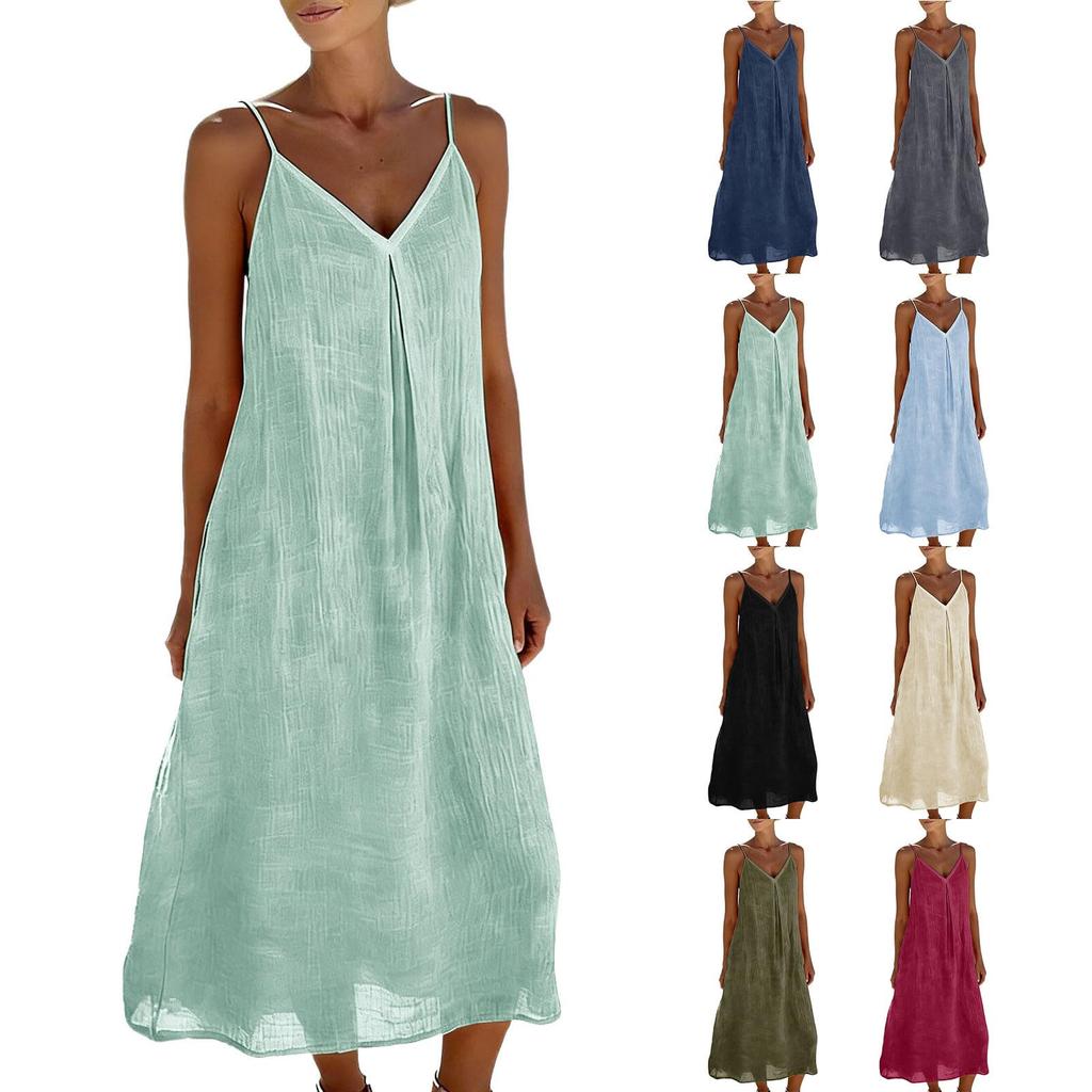 Women's Summer Fashion Strap Skirt Loose Fold V-neck Bohemian Vacation Beach Cotton Hemp Dress