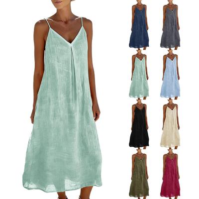 Damen Sommer Locker Geschnitten Ärmellos V-Ausschnitt Böhmischer Stil Plissiert Baumwolle Leinen Spaghettiträger Midi Kleid für Strandurlaub