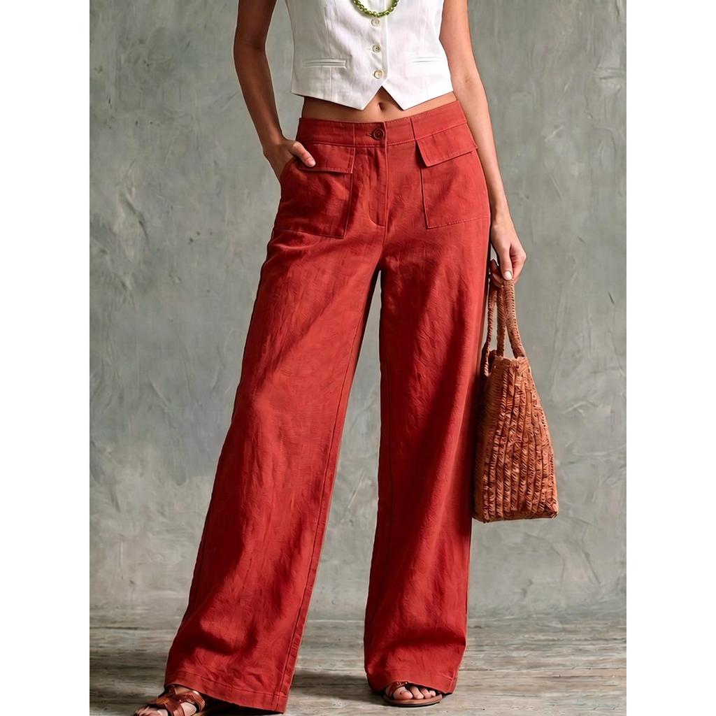 Women's High Rise Wide Leg Pants Loose Fit Solid Color Linen Palazzo Trousers Casual Commute Straight Leg Pants