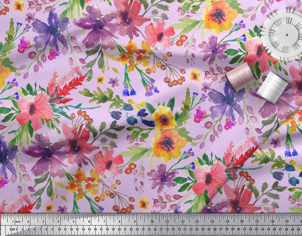 Soimoi Japan Crepe Satin Fabric Flower & Leaves Watercolor Decor Fabric Printed metre 42 Inch