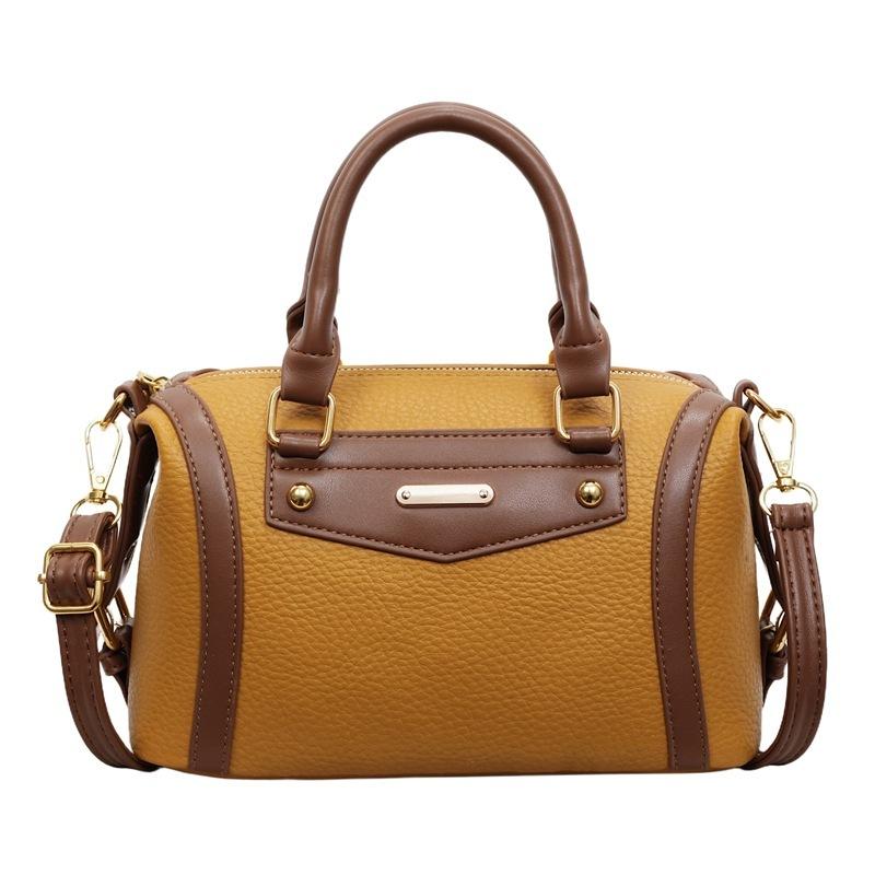 Contrast Splicing Mini Boston Bag For Women Retro Style Handbag With Metal Plate For Daily Work School Shopping Travel