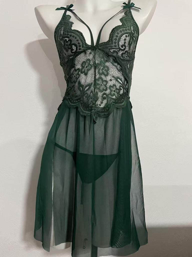 European and American Erotic Underwear, Sexy Mesh, Perspective Pajamas, Lace Embroidery Suspender Nightdress, Women's Open-ended Breast Dress