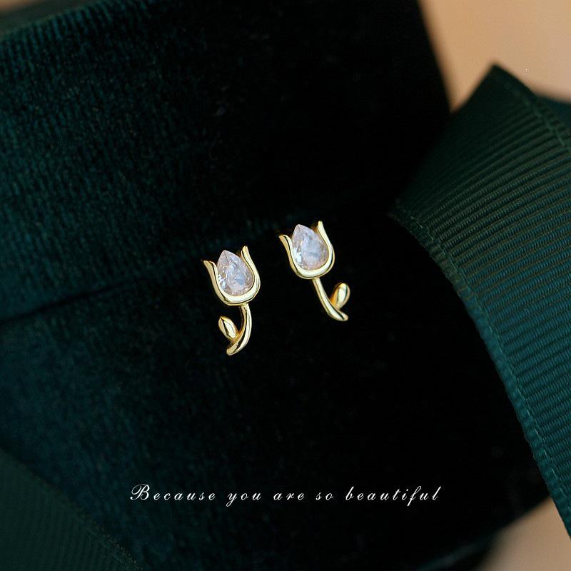 Tulip 925 Sterling Silver 14K Gold-Plated Mini Flower Stud Earrings for Women 925 Silver