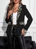 Women Elegant Leopard Lapel Blazer Open Front Long Sleeve Solid Color Patchwork Suit Jacket Casual Office Outerwear