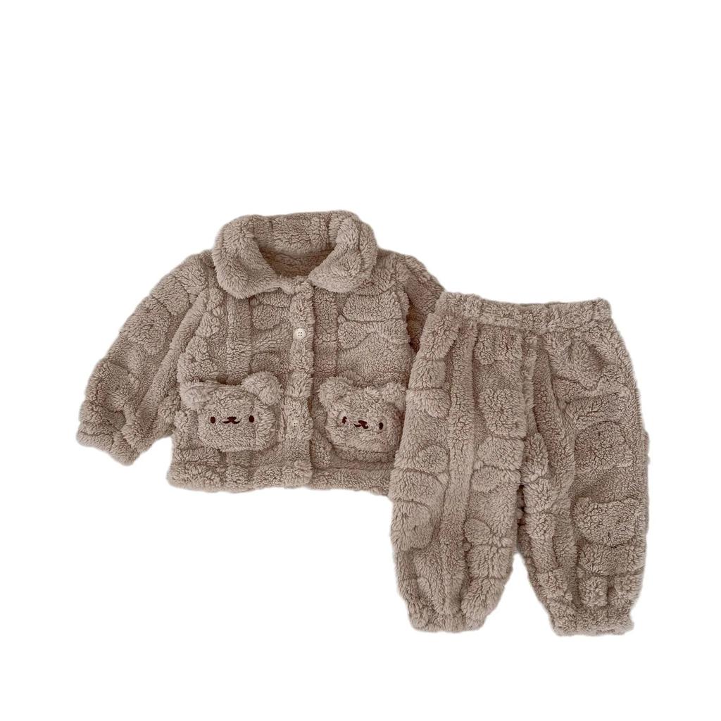 Autumn and Winter Baby Home Suit Cute Bear Plush Coat Children Plus Plush Pajamas Two-piece Coat Pans Sets