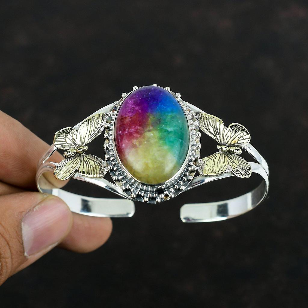 Rainbow Solar Quartz Druzy Bangle 925 Sterling Silver Gemstone Cuff Bracelet 18K Gold Plated Adjustable Bangle Butterfly Bangle Gift For Her