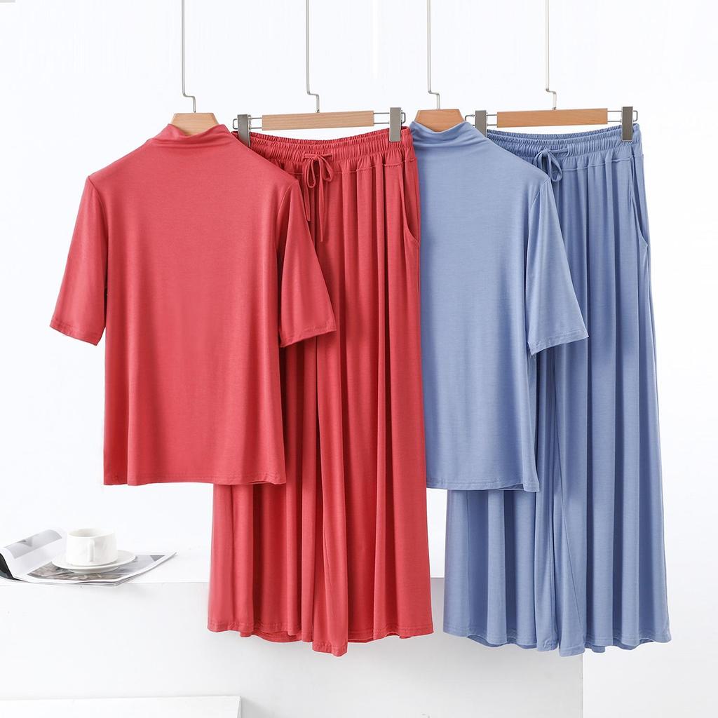 Modal Semi-High Neck Five-Sleeve Shirt & Pocket Wide-Leg Pants Casual Plus Size Two-Piece for Women