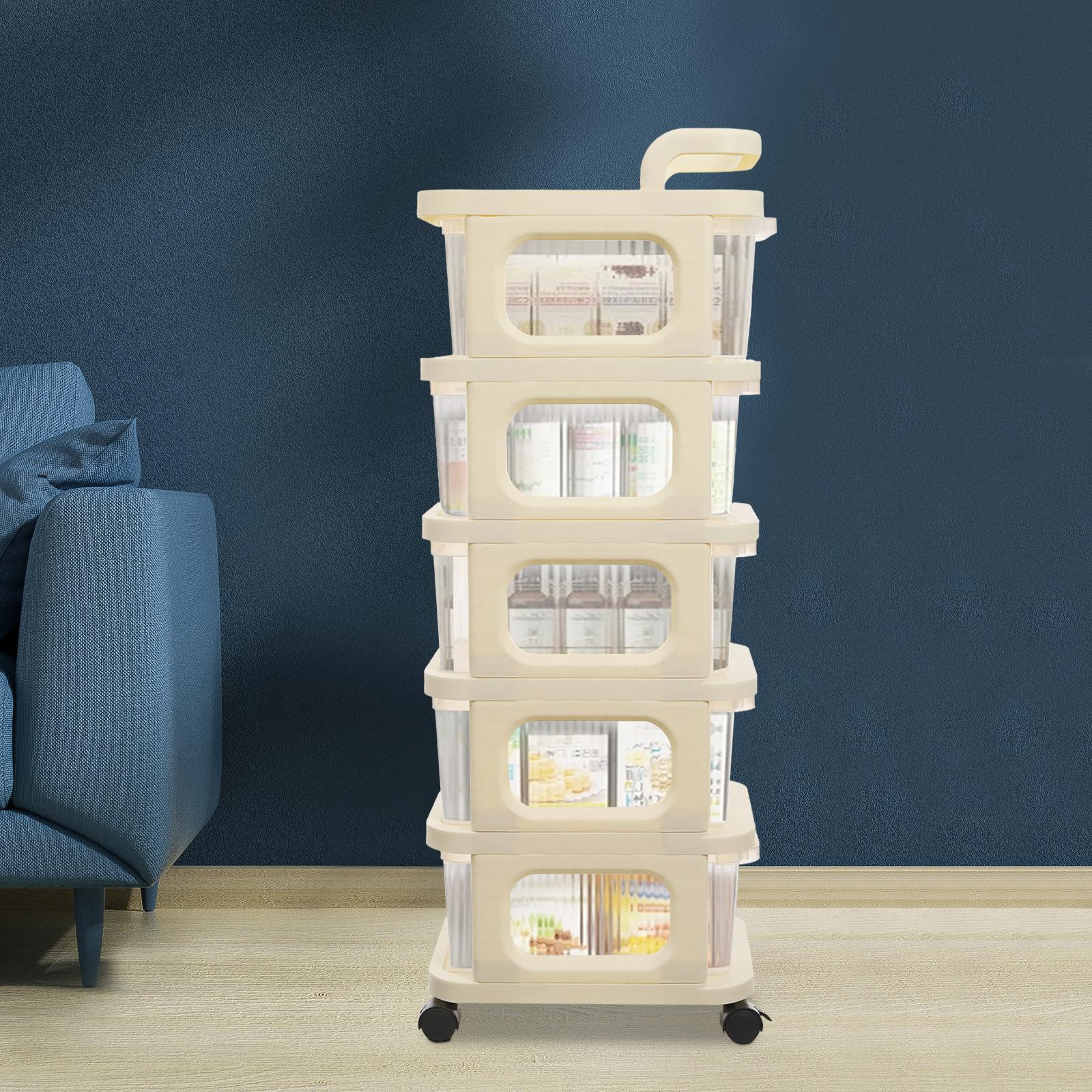 

5 Tier PP Storage Cart,Creamy White+ Clear Rolling Storage Organizer With 4 Wheels Freestanding 27*36*96cm for Bedrooms
