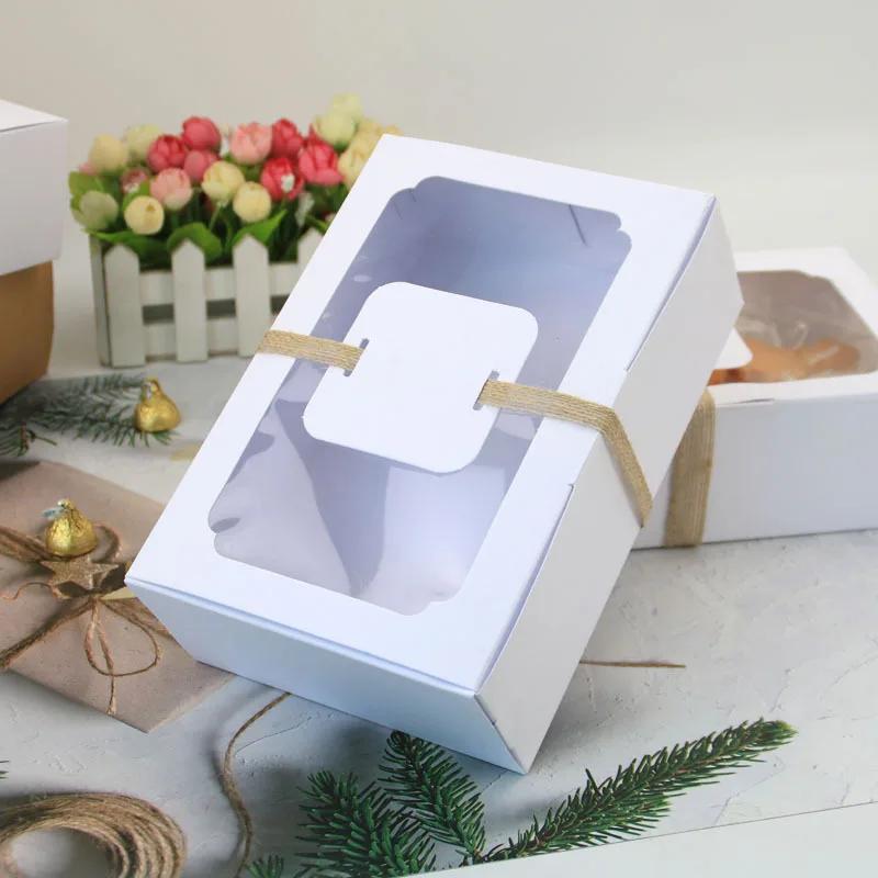 12Pcs Large Kraft Paper Box Cookie Candy Cake Gift Box Transparent Window Birthday Christmas Gift Packaging Bag Party Supplies