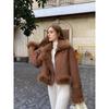 Women's Brown Suede Faux Fur Trim Jacket Short Warm Winter Outerwear