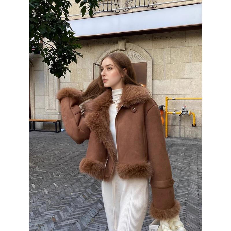 Women's Brown Suede Faux Fur Trim Jacket Short Warm Winter Outerwear