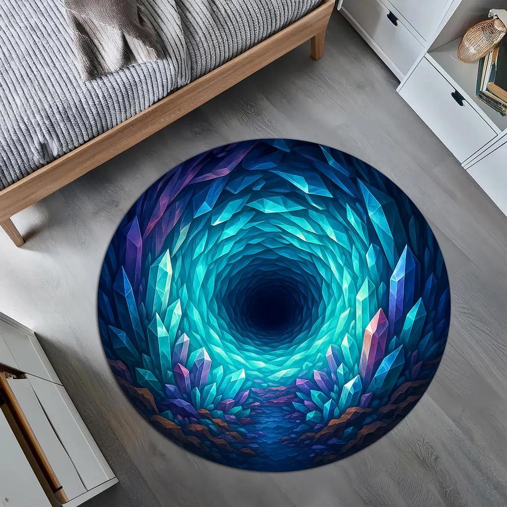Crystal Cave Illusion Round Rug 3D Geometric Blue Crystal Design Trippy Modern Optical Art Carpet for Living Room Bedroom Mat