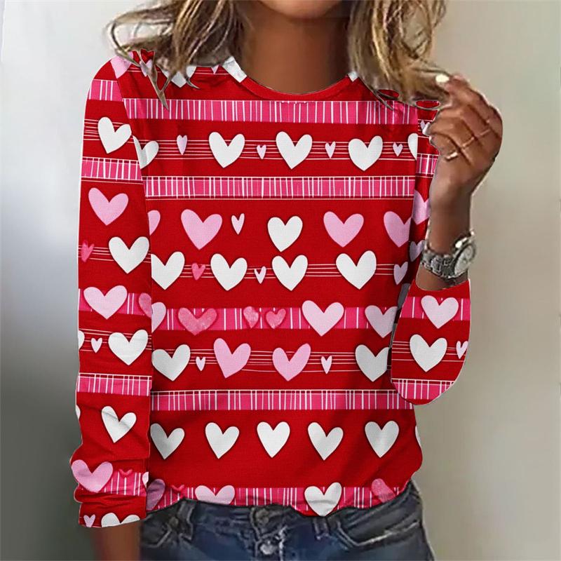 Spring and Autumn Round Neck 3D Love Heart Graphic Printed Top Fashionable Elegant Casual Long Sleeved Women's T-shirts