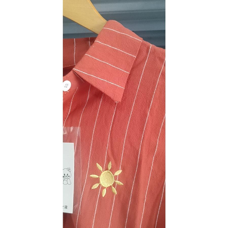 Orange&red Casual Cotton Long Sleeve Shirt Women Lapel Button Up Embroidery Sun Striped Shirts