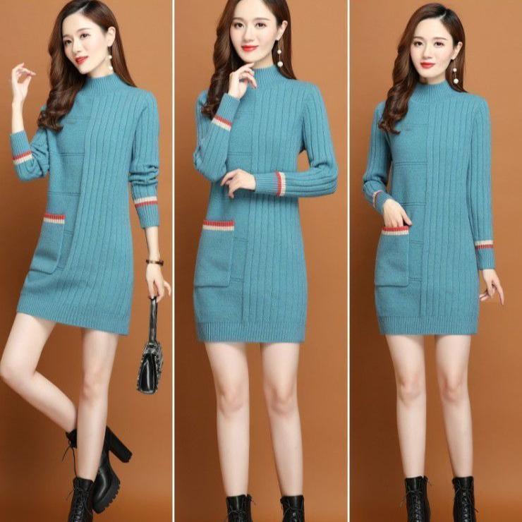 Half Turtleneck Solid-color Knitted Sweater for Women Thickened Sweater Loose Mid-length Pullover Autumn and Winter