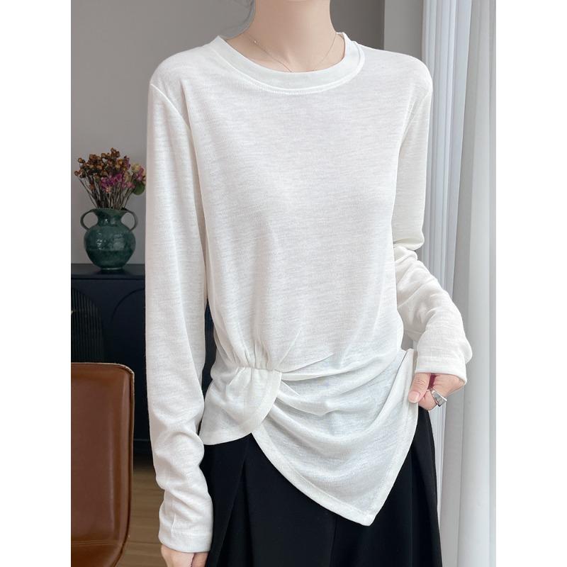 

Solid-color Round-neck Long-sleeved T-shirt for Women, Spring-autumn Thick and Fitted Base Layer Shirt, Early Spring Outerwear with A Waistline. M белый