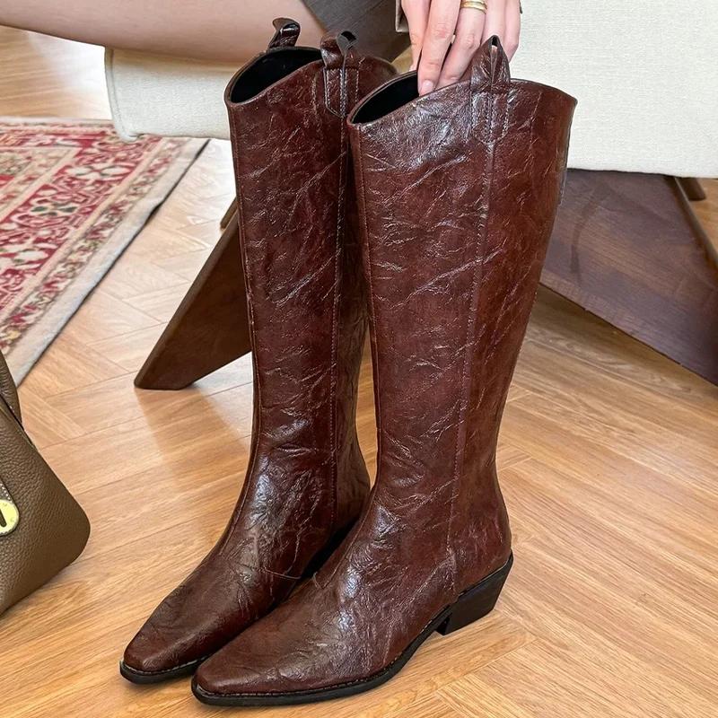 

Остроносые женские высокие сапоги на среднем каблуке, дизайнерские ботинки челси, кожаные туфли до колена в стиле ретро 2024 года, женские гладиаторы Zapatillas 35