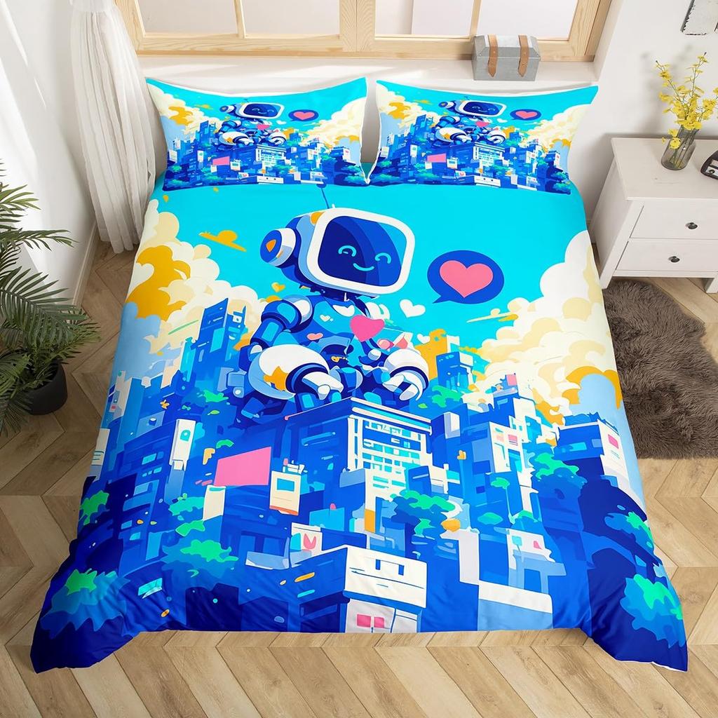 Robot Duvet Cover Sets for Kids Boys Girls Queen Size Lightweight Down Quilt Covers 2 Pillowcases 1 Comforter Cover No Comforter