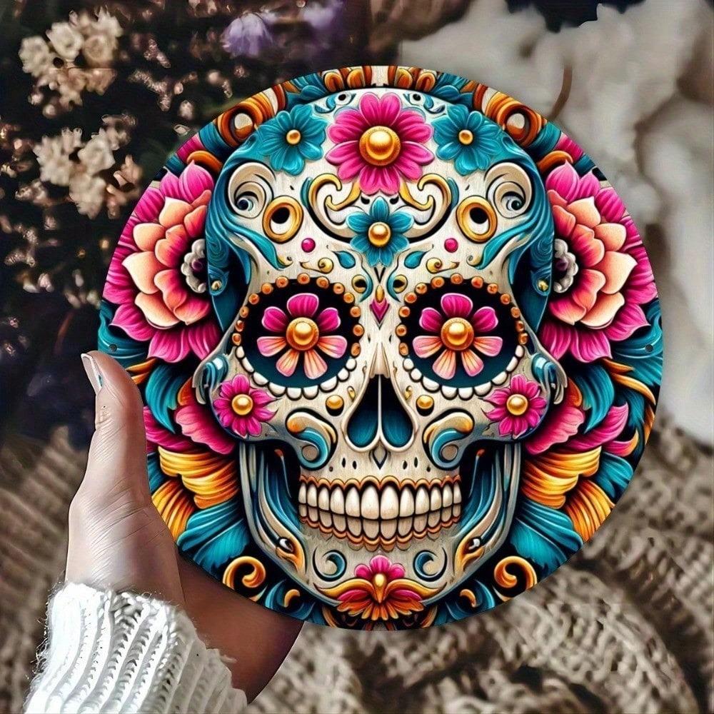 Retro Day of The Dead Metal Tin Sign, Sugar Skull Wall Art, Vibrant Home Bar Kitchen Pub Decor, 2D Flat Plaque